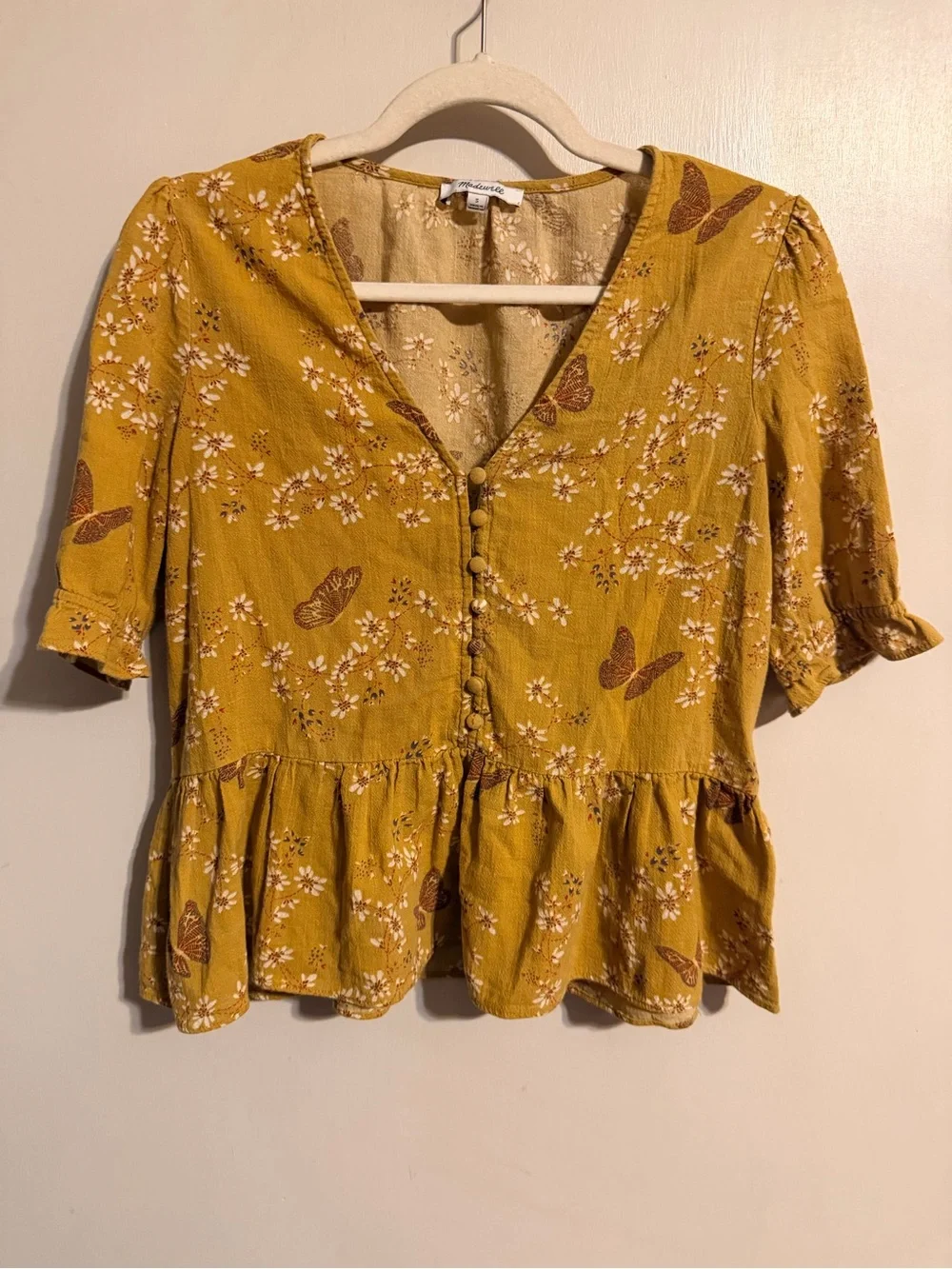 Madewell Mustard Butterfly Floral Peplum Top Size S Cottagecore Boho